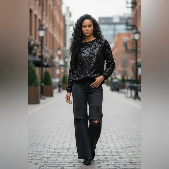 Le SUPERBE Frolic Room Black Sequin Top Off The Shouldersize MediumEUC